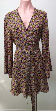 A.L.C. Black Floral Silk Wrap Mini Dress Women US 4